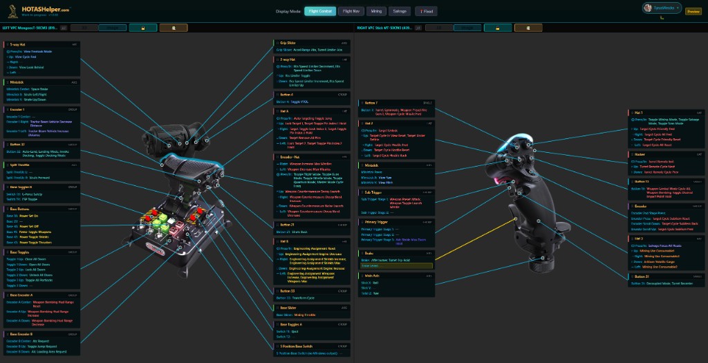 Binding card view showing HOTAS stick and throttle bindings